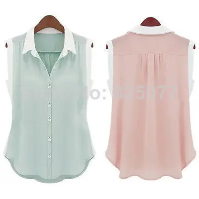 2014 New Women Girls Casual Button Down Sleeveless Chiffon Shirt Top Blouse Clothing Tee Tops Shirts Size M/L/XL/XXL TK17 |