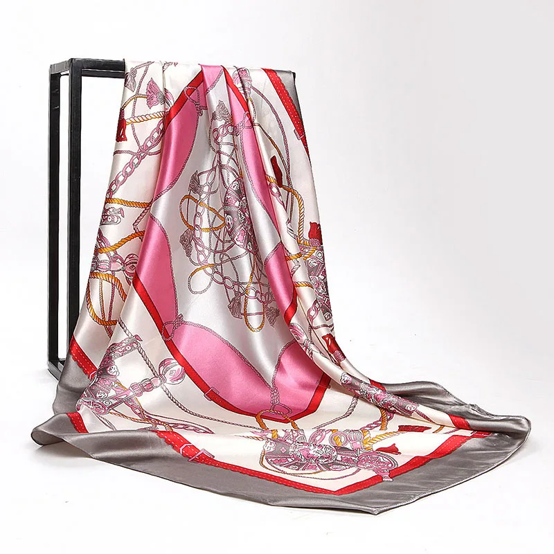 

High Quality Silk Scarf Fashion Women Print Hijab Scarves Retro Chain Satin Large Square Scarves Wrap