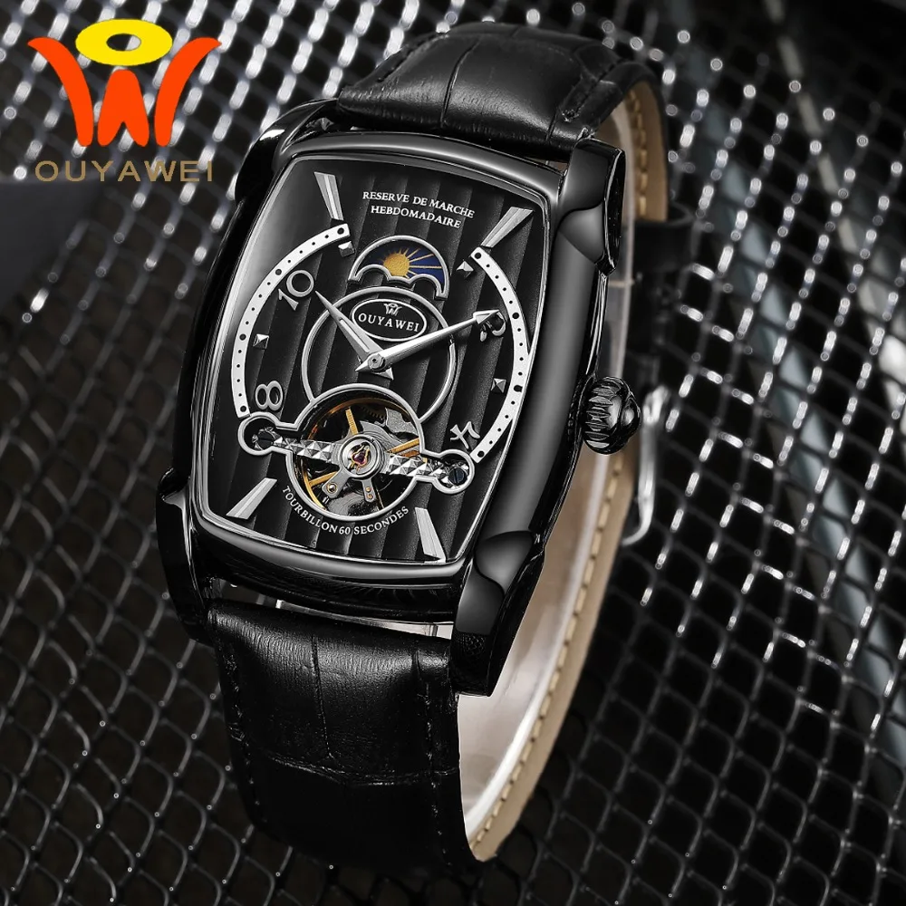 OUYAWEI Moon Phase Tourbillon наручные часы для мужчин 2018 механические Автоматические