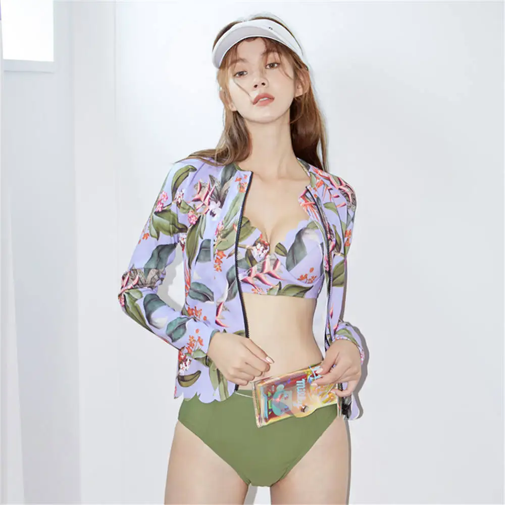 Женский купальный костюм с длинным рукавом и принтом из трех частей для серфинга