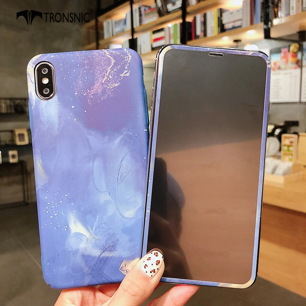 Чехол для телефона TRONSNIC с цветочным рисунком для iPhone X XS MAX XR, синяя розовая пленка из закаленного стекла для iPhone 6, 6 S, 7, 8 Plus, Роскошный Жесткий матовый чехол