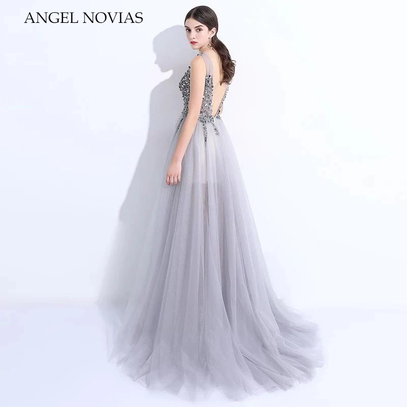 Женское длинное вечернее платье ANGEL NOVIAS серое с открытой спиной весна 2020 | Свадьбы