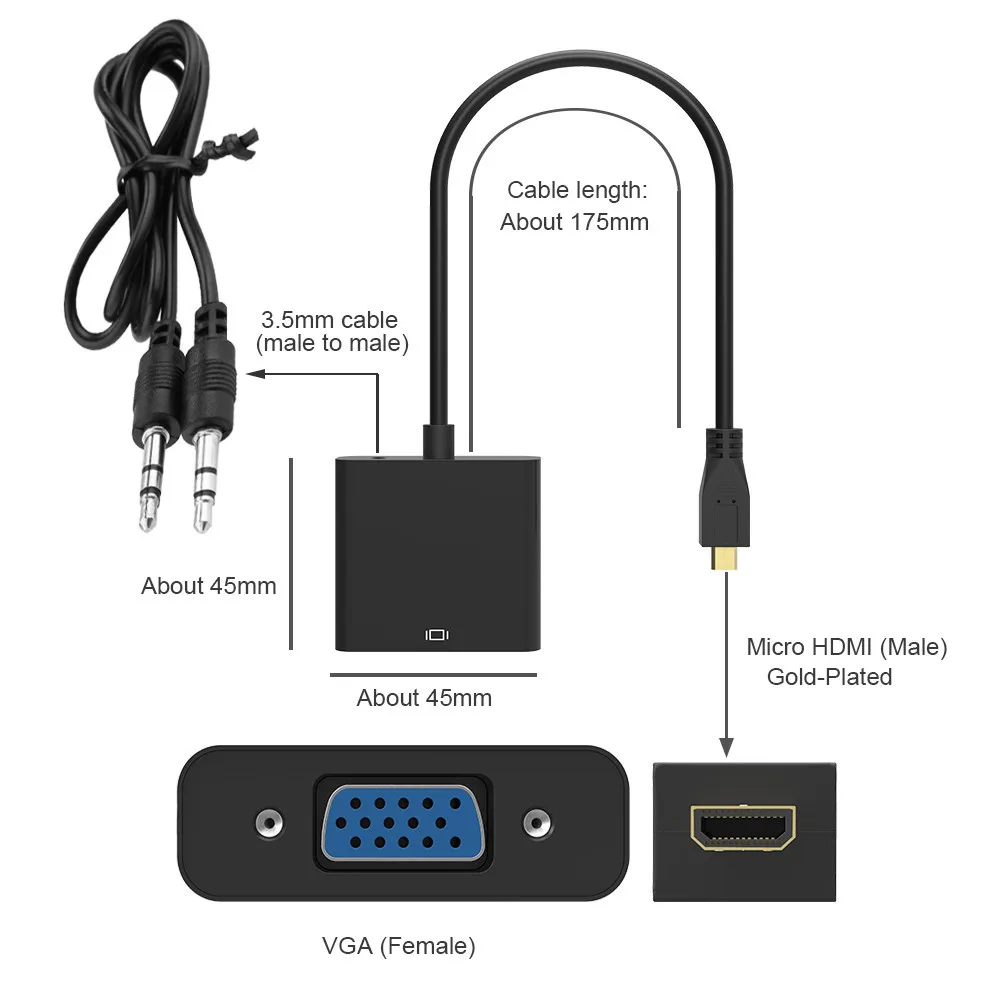 Robotsky 1080P микро HDMI к VGA аудио конвертер адаптер кабель мужчин и женщин для HD HDTV ПК ноутбук xbox PS3 PS4 камера планшет