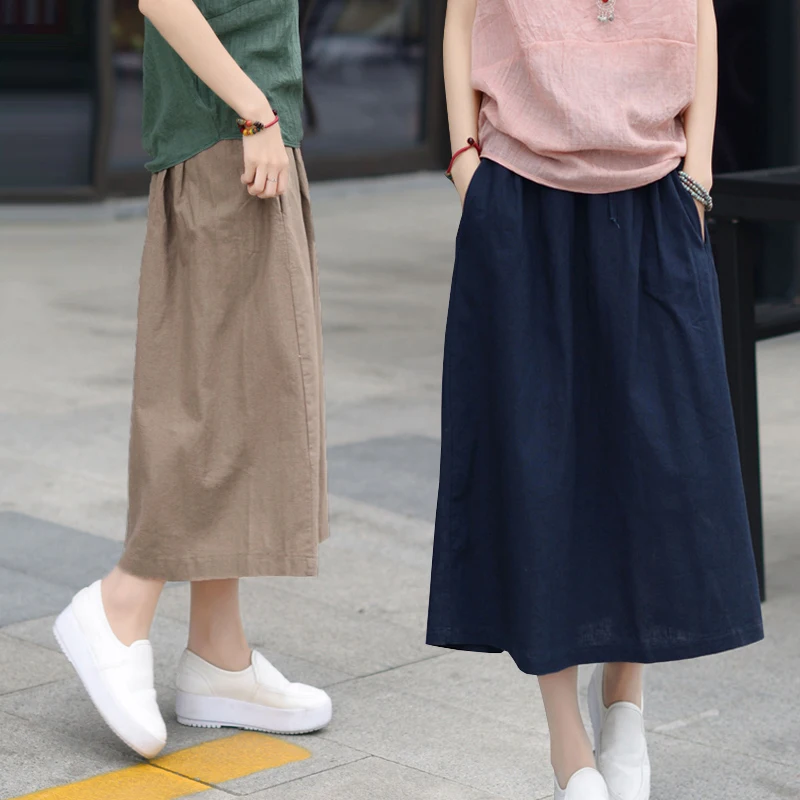 Женская винтажная юбка до середины икры однотонная повседневная размера плюс из