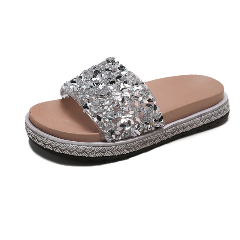BeautyFeet/женские шлепанцы со стразами; яркие шлепанцы; летние пляжные шлепанцы со стразами; модная женская обувь на плоской подошве - Цвет: Серебристый
