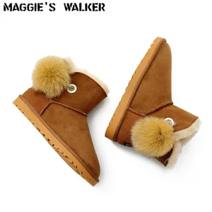 Maggie's Walker Women Fashion Genuine Leather Snow Boots Winter Sheep Fur Ankle Boots With Pompon Size 35-40