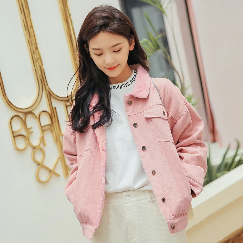 

Autumn Winter Corduroy Basic Jacket Lambswool Bomber Jacket Women Long Sleeve Jacket Casual Single Breasted Denim Jacket