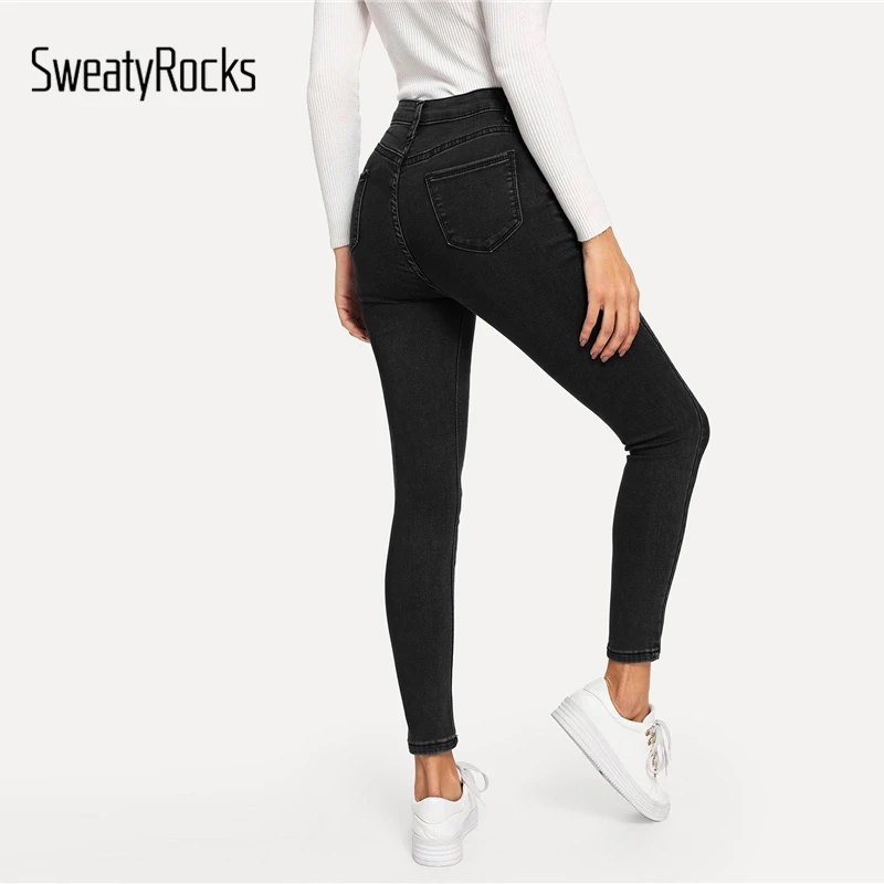 SweatyRocks, однотонные обтягивающие джинсы с высокой талией, уличная одежда, зауженные брюки на пуговицах, новинка, весенние женские черные повседневные тянущиеся штаны