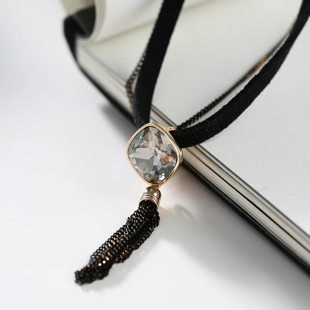 Модный чокер Neoglory с черными кристаллами крутая цепочка кисточками готическое