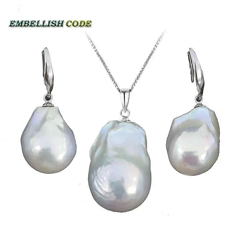 

baroque pearl sets hook earrings and pendant plus size 100% natural freshwater Cultured flameball pear pearls