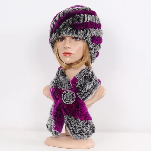 grey and purple Новые Вязаные натуральный мех шапки наборы шарфов женские зимние теплые Настоящий мех кролика шапки шарф Горячая леди натуральный мех шапка шарф - Цвет: grey and purple