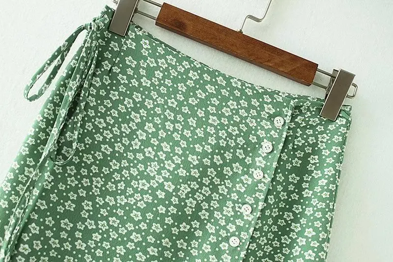 Винтажная юбка на ремнях с принтом кнопках 2020 летняя Женская симпатичная зеленая
