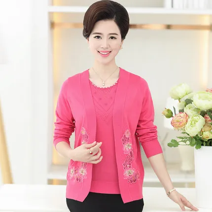 Rose Pink Женский Осенний Модный женский кардиган для женщин среднего возраста осенний свитер из двух частей женский свободный большой размер пальто куртка - Цвет: Rose Pink