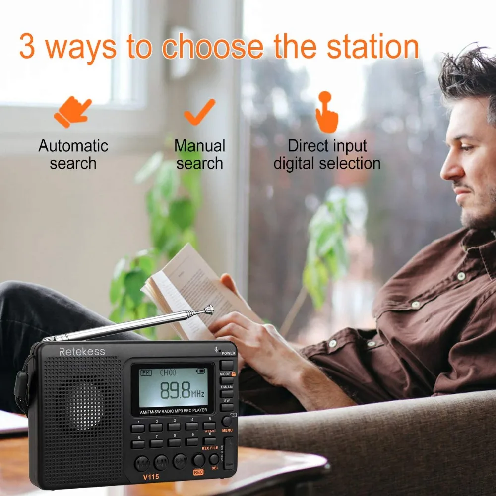 Retekess V115 FM/AM/SW радио приемник бас звук MP3 плеер REC рекордер портативное радио с таймером сна TF карта портативный карманный