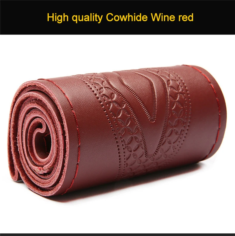 wine red Кожаный чехол рулевого колеса автомобиля с тиснением модные чехлы на руль Оплетка на руль с иглой и резьбой 38 см - Название цвета: wine red