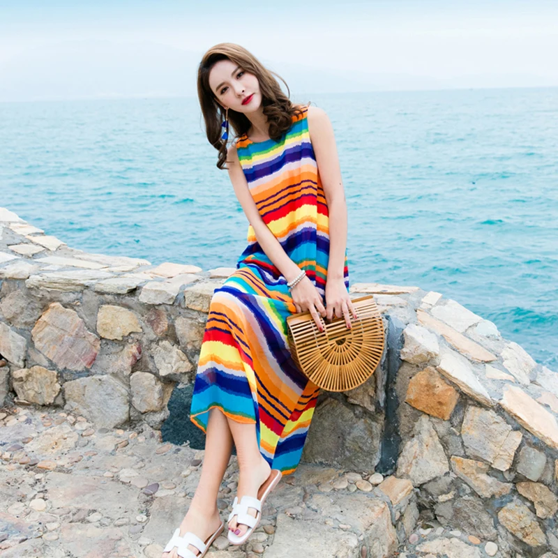 Women Summer Dress 2020 New Fashion Large size Womens Printing Rainbow color Sleeveless Loose Ladies KO54 | Женская одежда