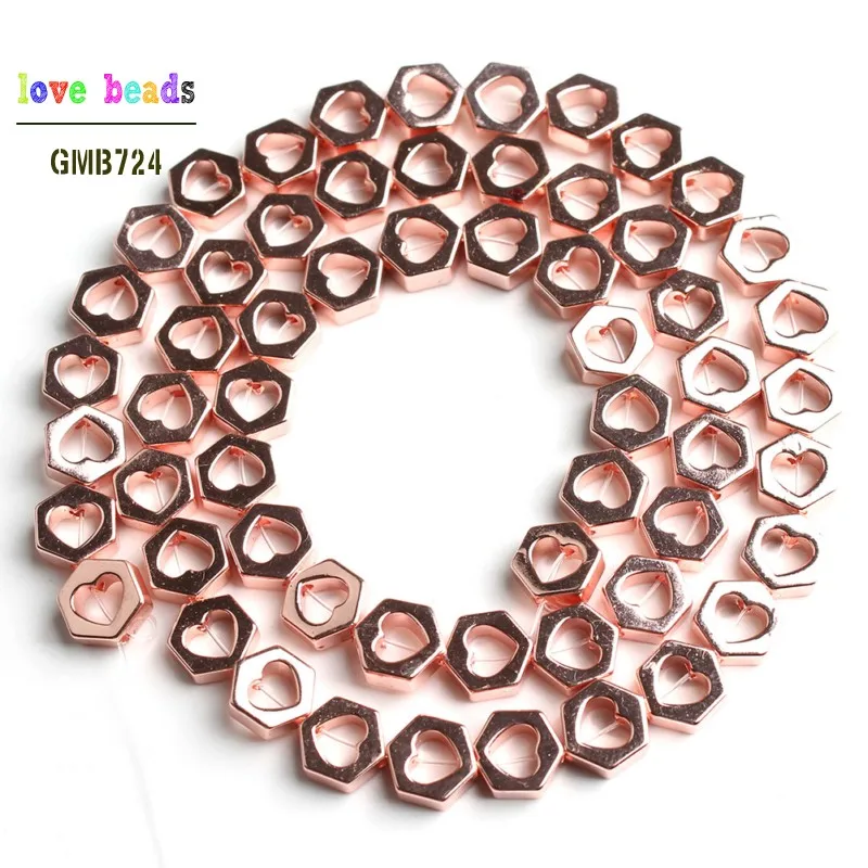 rose gold 7*6 мм натуральный розовое золото серебро любовь Hear выдолбленные шестиугольник гематит камень свободные бусины для самостоятельного изготовления ювелирных изделий браслет 15'' - Цвет: rose gold