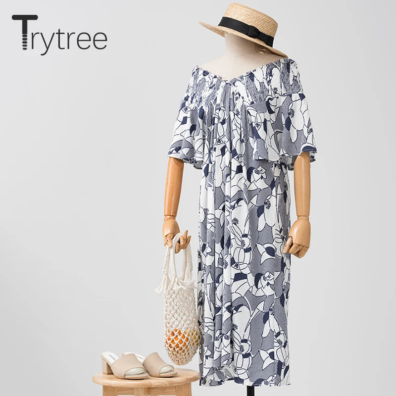 Trytree/летнее платье, женское Повседневное платье трапециевидной формы с принтом, эластичное платье с расклешенными рукавами и поясом, платье до середины икры, Пляжное стильное свободное платье