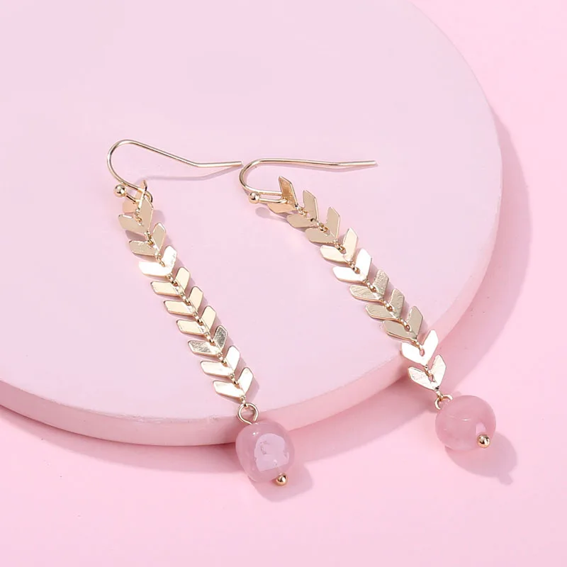 Pink HUIDANG позолоченные медные цепочка шеврона Натуральный Камень Висячие длинные серьги для женщин - Окраска металла: Pink