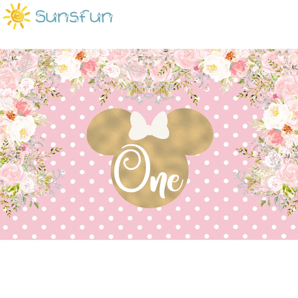 Sunsfun День Рождения фотография фон розовая волна точка Минни Маус фото фон печать вечерние торт украшение стола