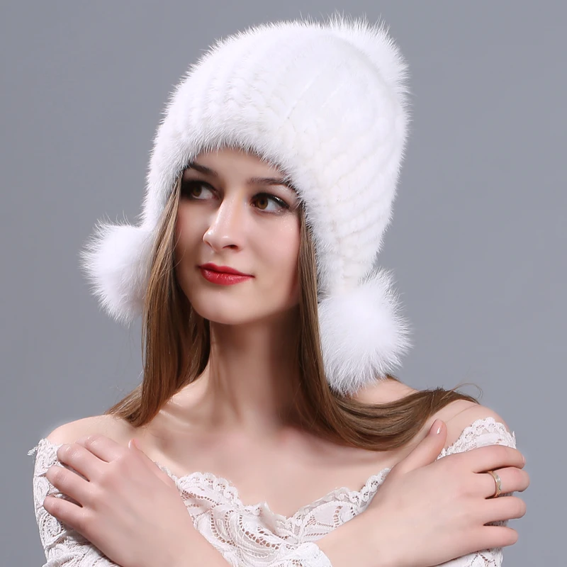Осень-зима, женская шапка из натурального меха норки, шапка бини, вязаная шапка с ушками, эластичная шапка, толстая шапка для девочек в русском стиле