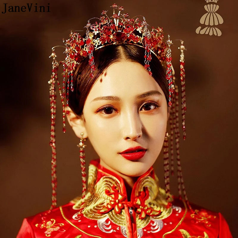 

JaneVini Classical Chinese Style Wedding Red Bridal Hairpins Headdress Costume Crown Hairband Brides Hair Jewelry Accessories
