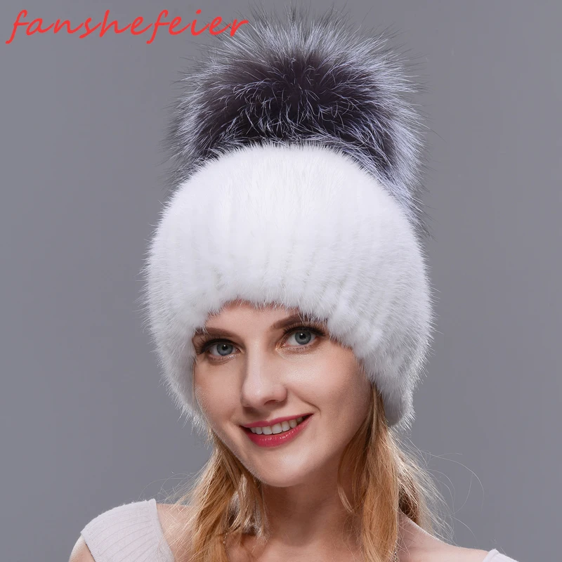 Fanshefeier, настоящая норка, норковый мех, меховая шапка с лисьим мехом, новинка, хит, высокое качество, женская зимняя вязаная шапка