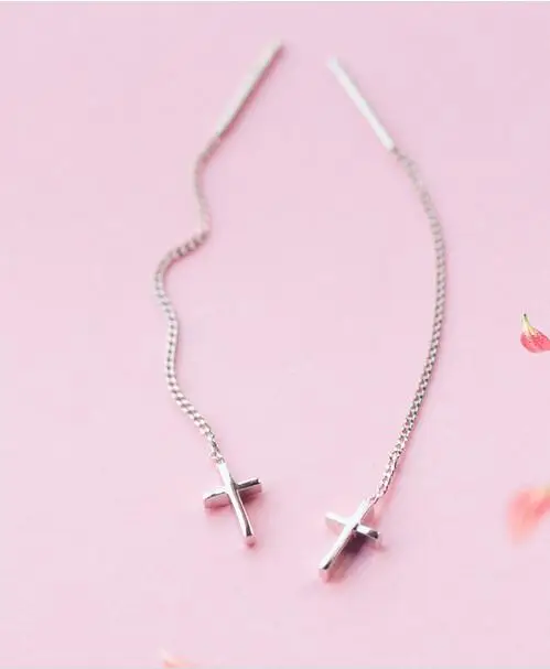 

Real. 925-STERLING-SILVER pull through Polished Cross threader Dangle Earrings Piercing women jewelry C-E3871
