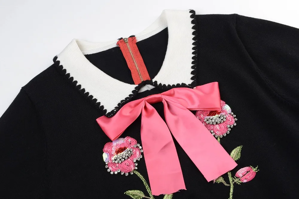 Fashion Runway 2020 Winter Women's Sweaters Embroidery Sequins Diamonds Flower Pullovers Female Knitted Tops Black Thin Clothing | Женская
