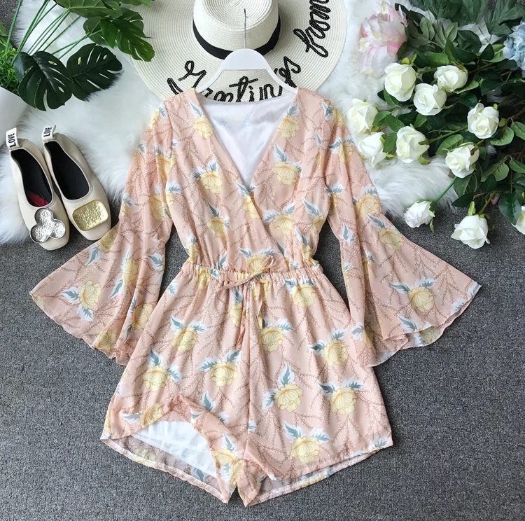 Цветочный короткий женский комбинезон с v-образным вырезом, пляжный Boho с принтом, с рюшами, сексуальный корейский элегантный шифоновый ромперы-туники, летний женский комбинезон