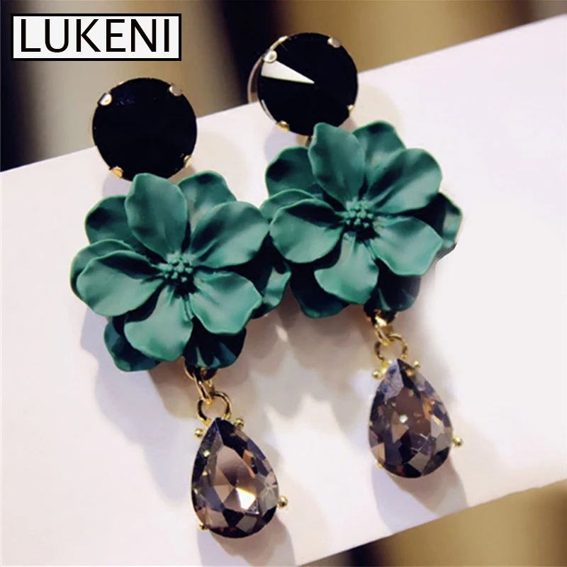 Женские серьги с зеленым цветком крупные серьги-подвески со стразами ювелирные