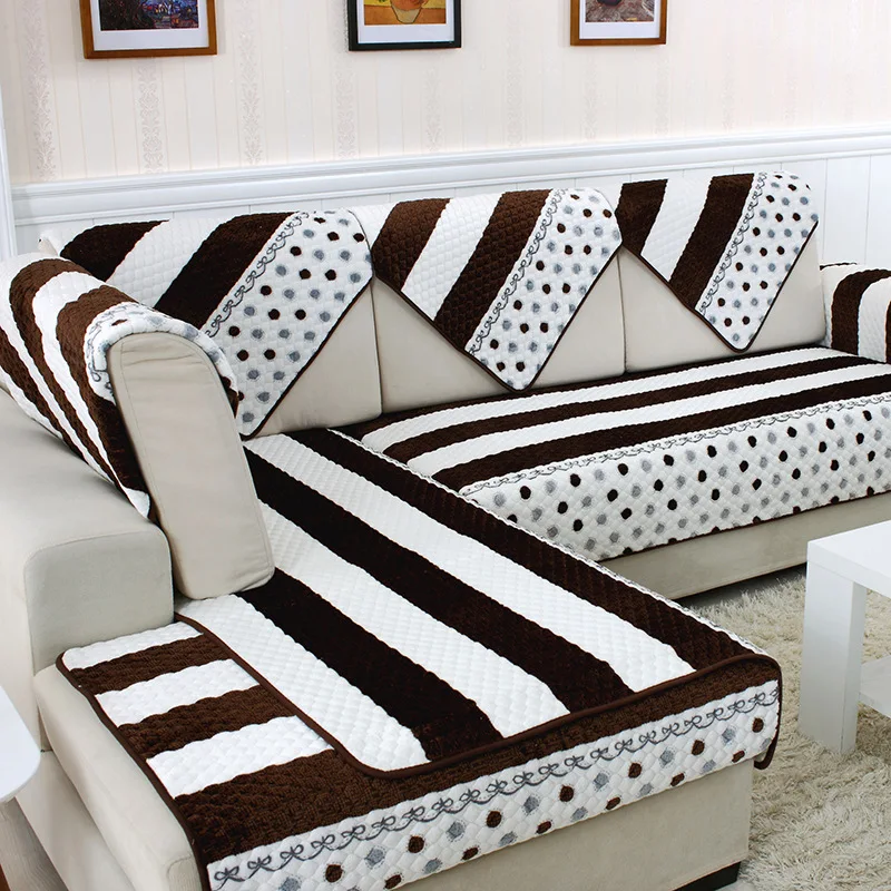 

Plush Plaid Sofa Cushion Armrest Towel Back Towel Gray Beige Leather Pillowcase Sofa Cover Slip Sofa Towel Set Simple Modern