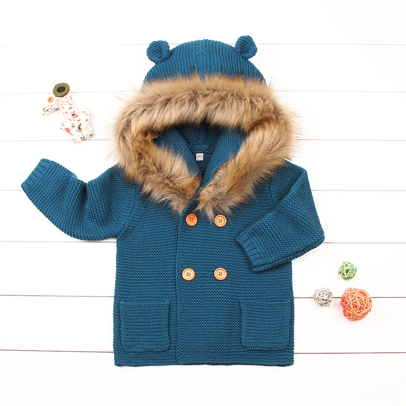 Зимний свитер с капюшоном для младенцев вязаная верхняя одежда меховым