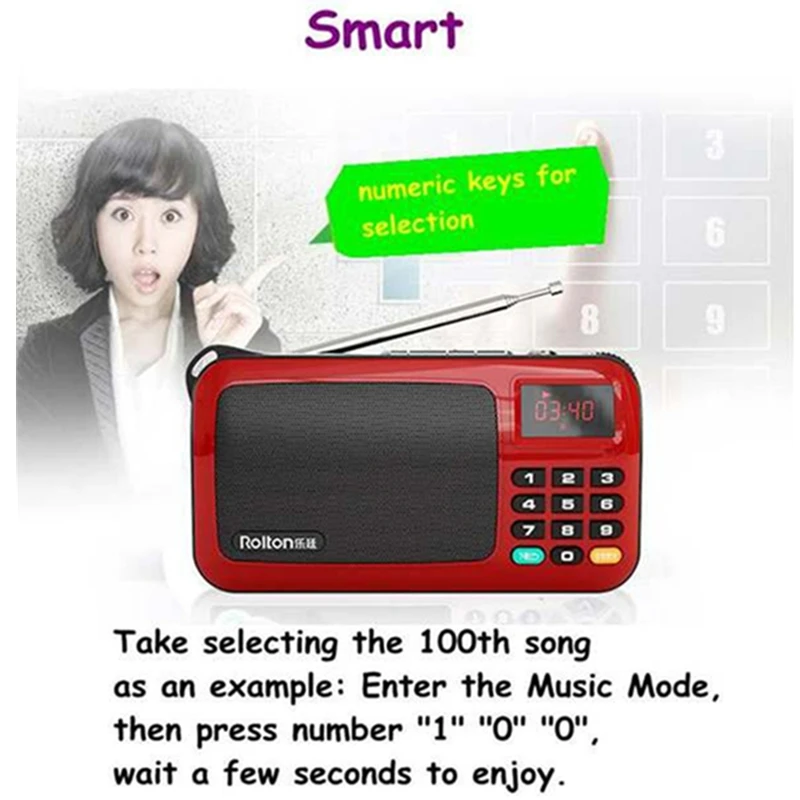Портативный мини радиоприемник Rolton W405 ручной перезаряжаемый MP3 плеер с FM радио