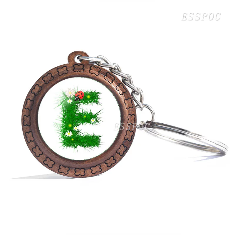 26 Letters A-Z Wooden Key Chain Round Glass Cabochon Jewelry Letter Creative Pendant Fashion Accessories Keychain Birthday Gifts | Украшения