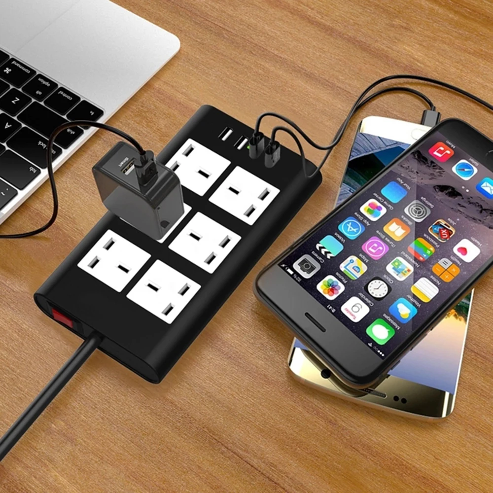 Силовая полоса плоский 6 AC Великобритания розетки розетка с USB зарядное устройство Порт 2500 Вт Защита от перенапряжения выключатель 2 м удлинитель шнур