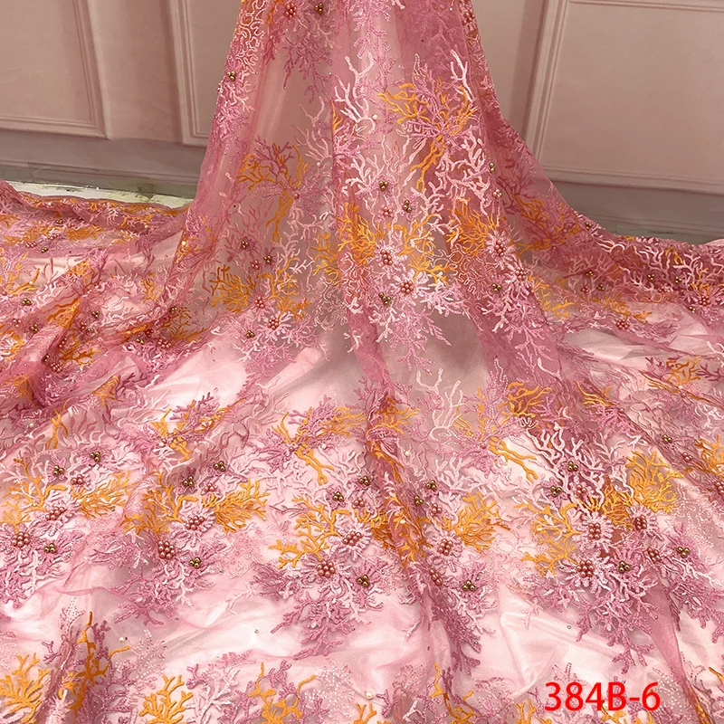 

2019 Latest Nigerian Lace Fabrics High Quality African Tulle Lace Fabric Embroidered Net with Stones Beads for Wedding KS384B-1