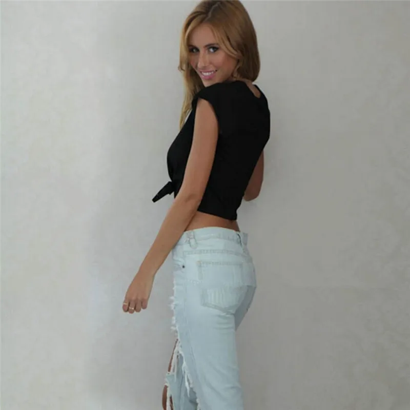 Модная летняя укороченная футболка черного цвета с узлом и ремешком|Майки| |