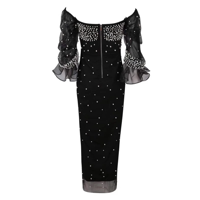 Элегантное Черное женское платье с длинным рукавом Новая мода открытыми плечами