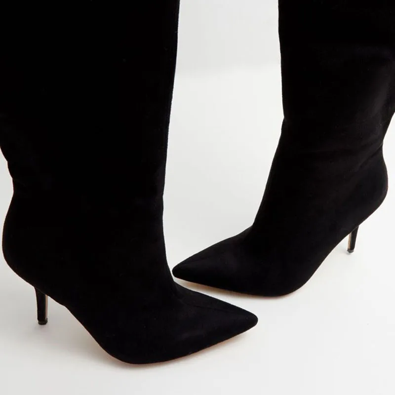 Женские сапоги выше колена с острым носком на тонком каблуке Размеры 35-43 | Обувь