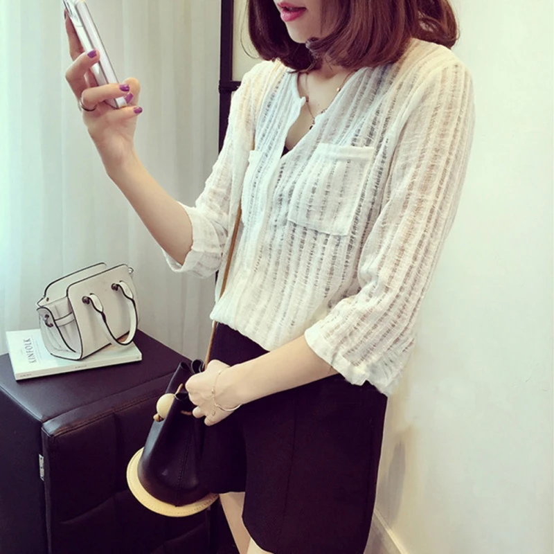 

Summer Women Temperament V-neck Loose Shirt Solid White Black Grey Color Vintage Casual Chiffon Blouse Tops