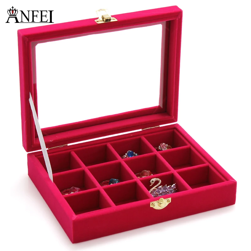 Anfei шкатулка Стекло крышка 12 Сетки Jewelry Box место браслет кулон Цепочки и ожерелья