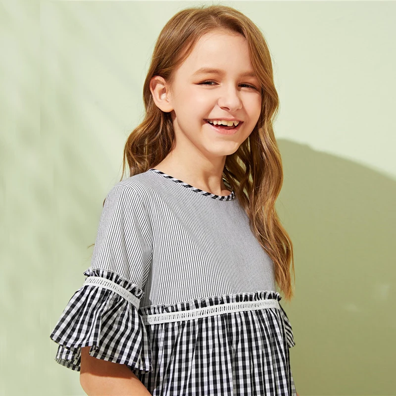 SHEIN Kiddie/Платье-туника в мелкую клетку и полоску для девочек г., Летние Повседневные платья-миди с оборками, рукав-Волан