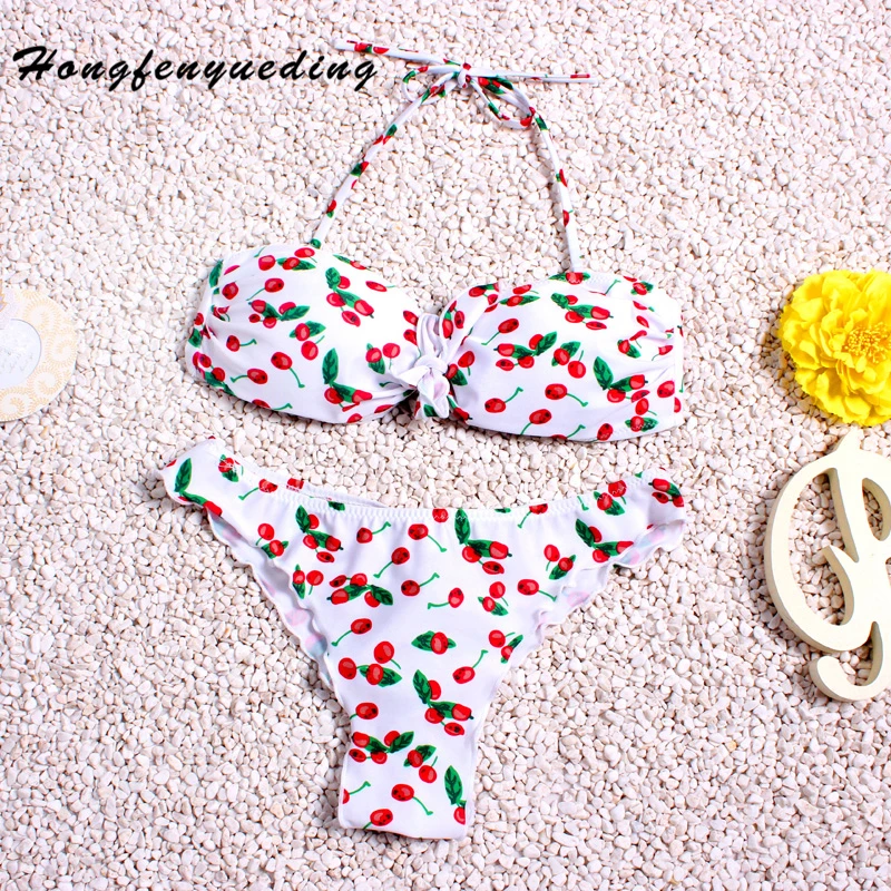 Hongfenyueding купальник Бразильский стринги бикини комплект вишня Для женщин