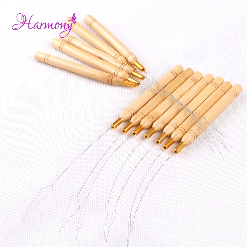 100pcs/lot Micro Nano Ring Wooden Handle Pulling Loop Needle For Human Hair micro Loop Hair Extension Tools