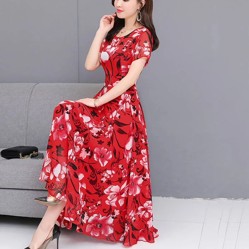 

Summer Women Girl National Style Short Sleeve Retro Print Round Collar Breathable Casual Summer Dress