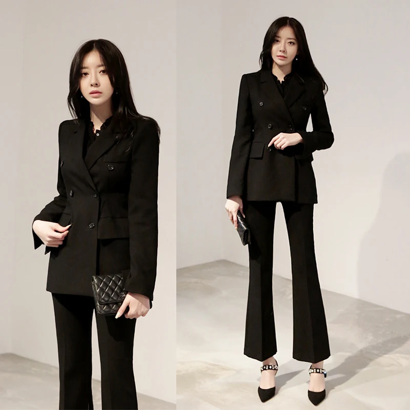 Spring and Autumn Slim Korean double-breasted small suit micro bell pants casual fashion suit office OL women's two-piece suit