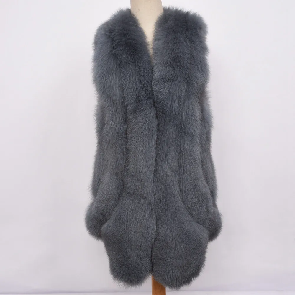 Grey Blue Новое поступление зимние теплые натуральный мех длинные жилеты Для женщин натуральным лисьим мехом жилет роскошный пушистый S7429 - Цвет: Grey Blue