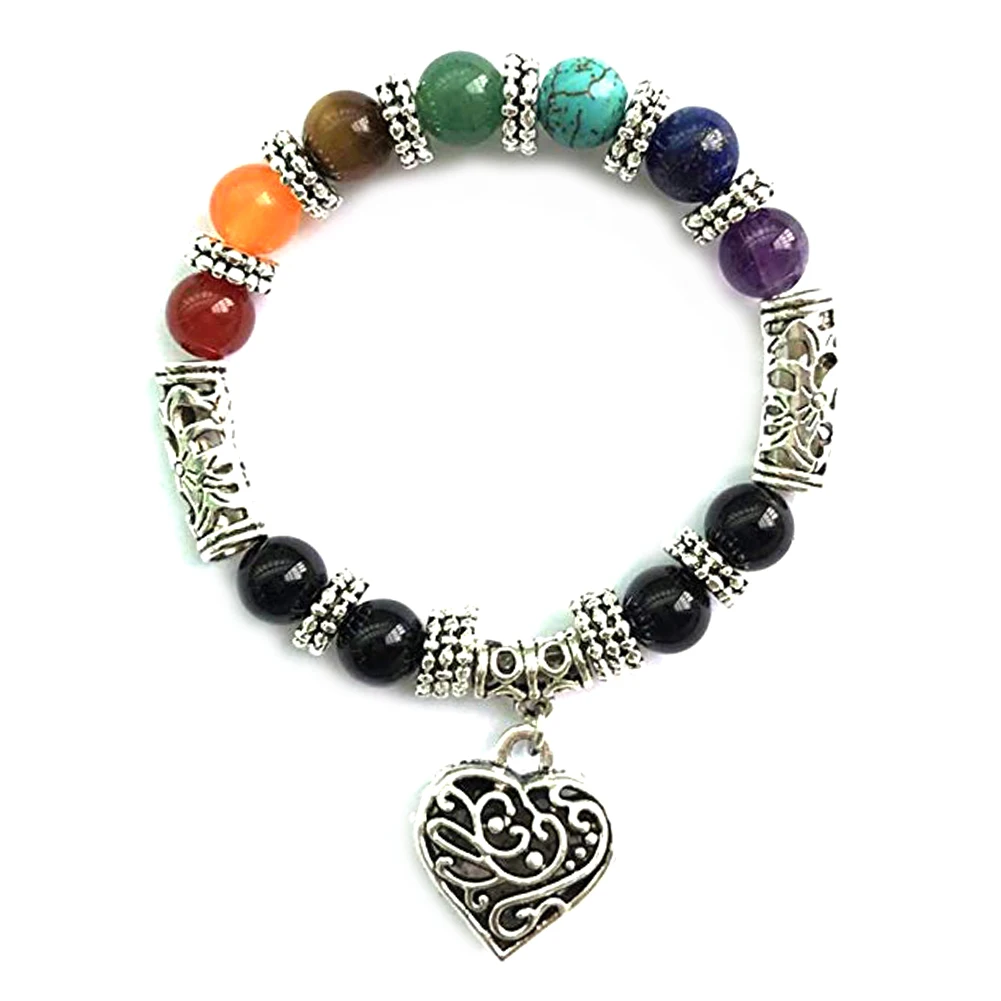 Vintage 7 Chakra Balance Stone Beaded Bracelet Women Heart Charm Bangle Gift | Украшения и аксессуары
