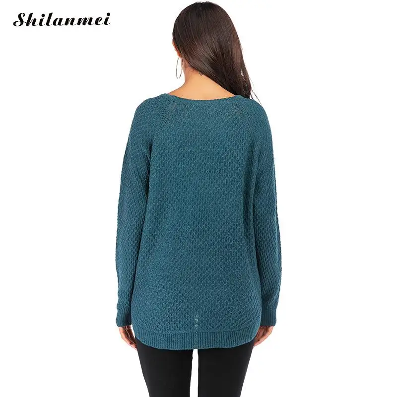 Повседневный Однотонный женский трикотажный свитер необычный Свободный